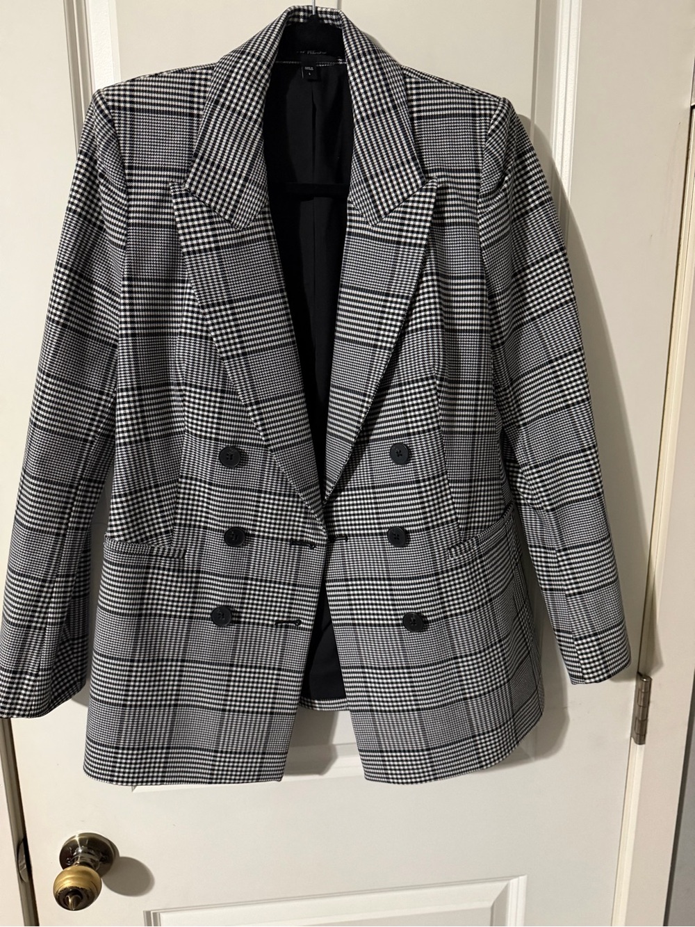Classic Black & White Plaid Double-Breasted Blazer